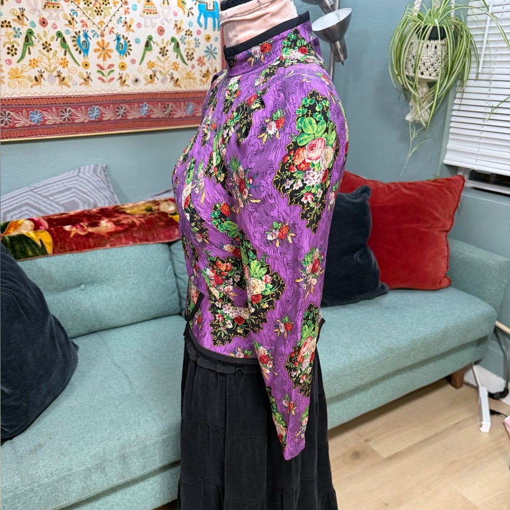 VTG Richard Warren 80’s Purple floral structured silk peplum mandarin Blouse 6P - Picture 6 of 16
